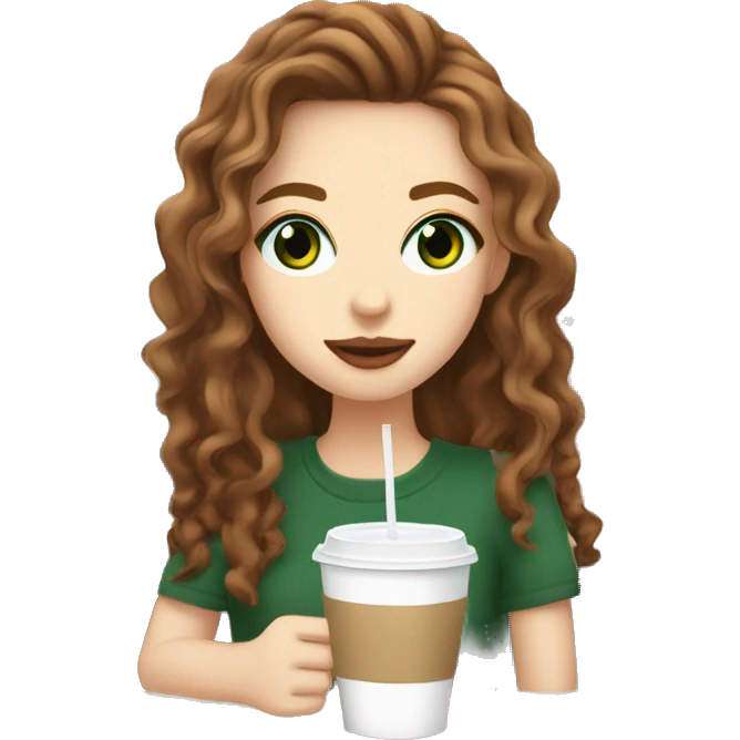 aesthetic white girl with brown wavy hair and green eyes sipping an iced americano in a cute coffee shop  emoji