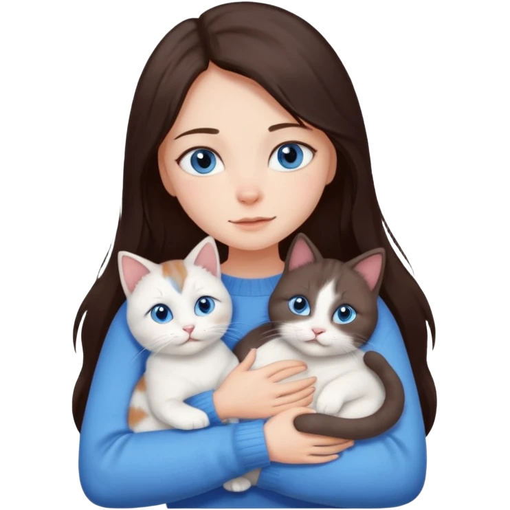 a girl with long dark 
brown hair, with blue eyes, in a
white sweater, hugs 3 different natural coloured cats emoji