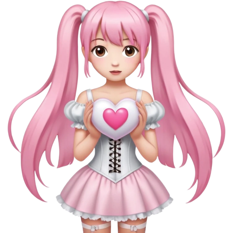 girl with very long light pink straight hair in pigtails and bangs, dark brown eyes, wearing an only white corset dress holding a big light pink heart with both hands emoji