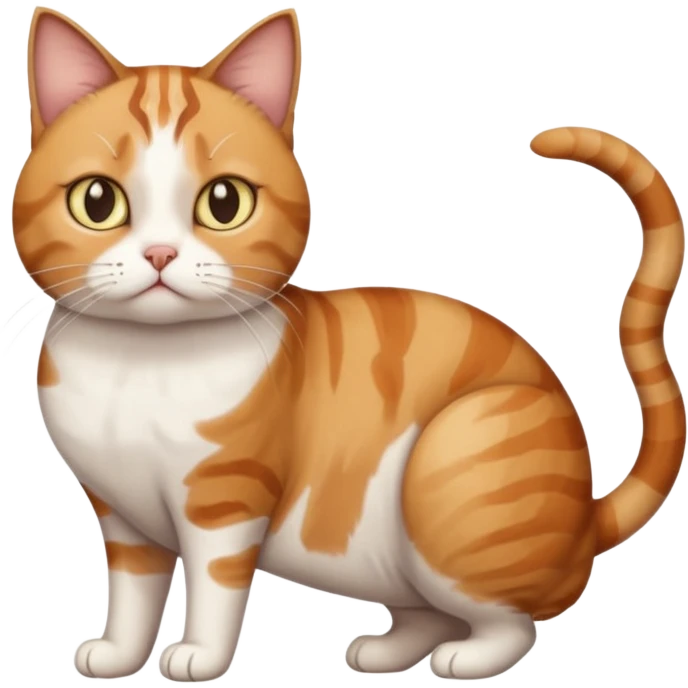 full body white, ginger and brown tabby calicio cat with skinny head and fat body with an anxious face emoji