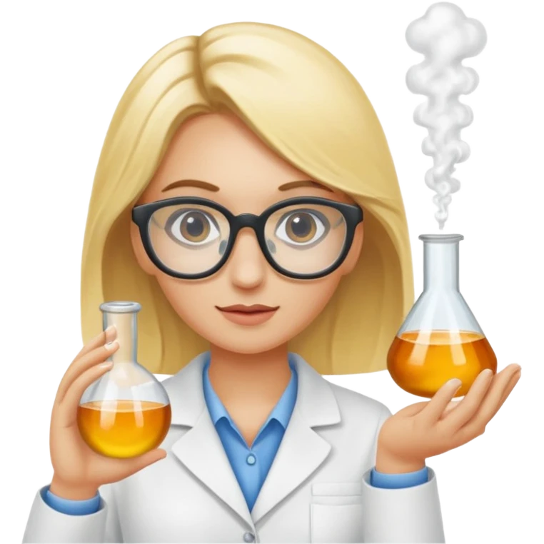 Eine hellblonde Chemikerin mit typischem Erlmeyerkoblben in der Hand und Chemiebrille auf emoji