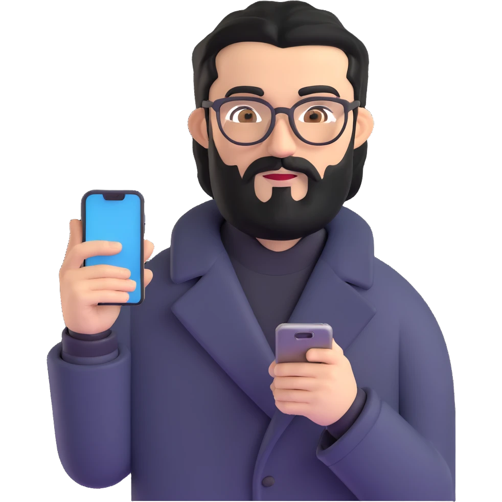 professional man standing, wearing black coat, with medium black beard, black hair neatly combed to one side, connected unibrow, olive tan skin, brown eyes, glasses, prominent nose, holding a smartphone emoji