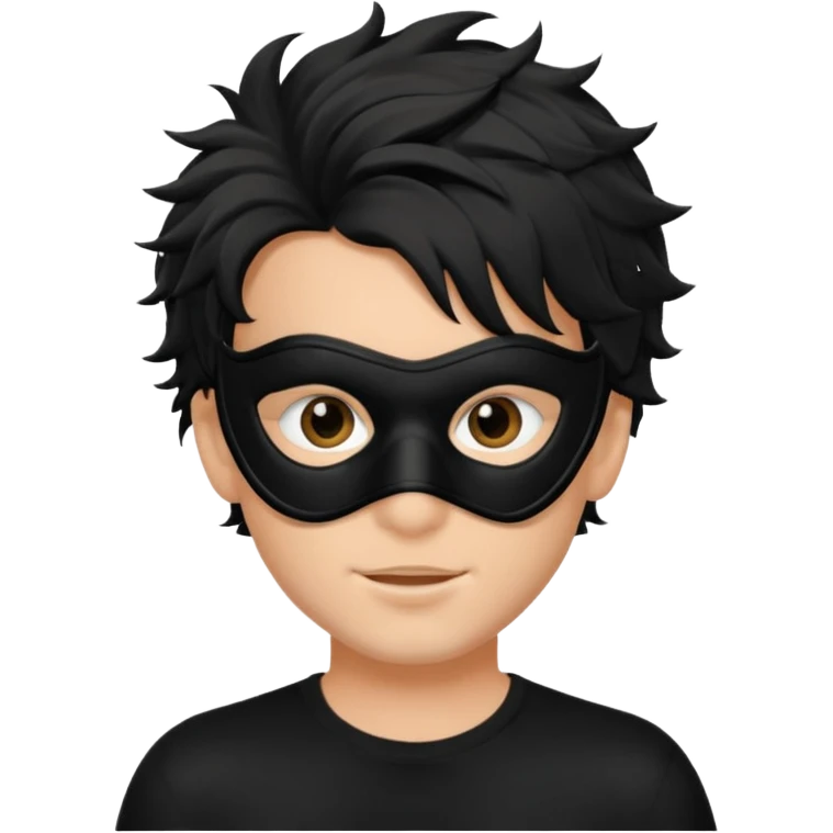 messy hair boy in a sleek black mask, playful eyes showing emoji