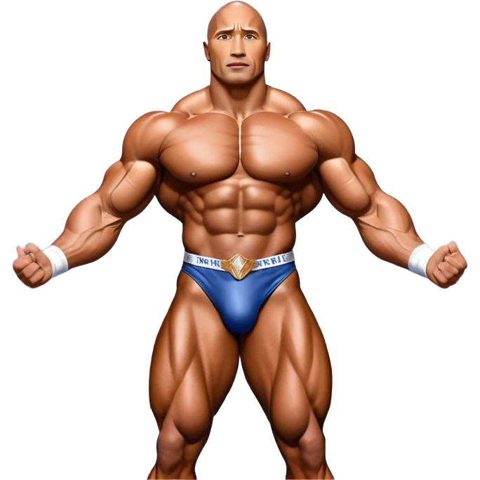 Dwayne Johnson, oiled and posing at the Mr. Universe bodybuilding championship, showcasing his muscular physique in an iconic display of strength. The background features the stage with judges and audience, capturing the intensity and prestige of the competition. Transparent background. emoji
