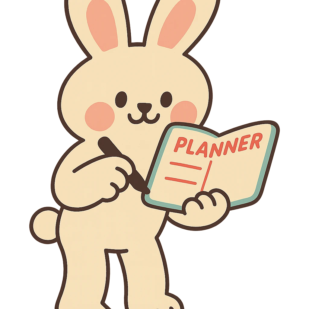 cream bunny writing in planner, standing, pastel-toon style emoji