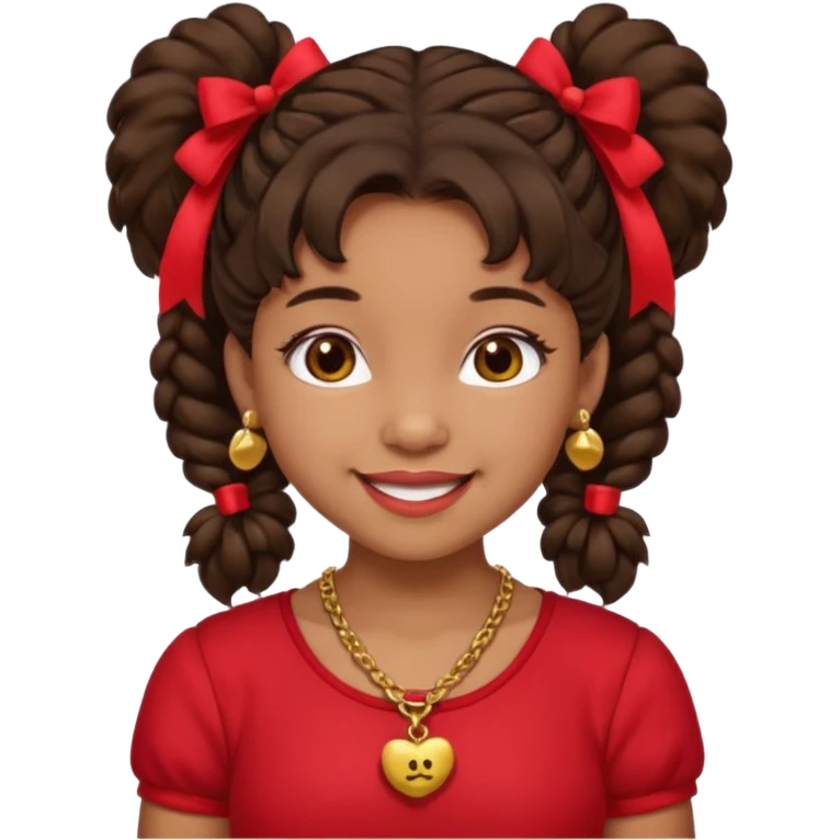 Brownskin girl dark brown hair fluffy. pigtails with red bows brown eyes smiling closed mouth red shirt gold esrrings gold necklace emoji