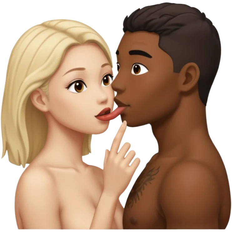Nude light-skinned female giving fellatio to darker-skinned asian male emoji
