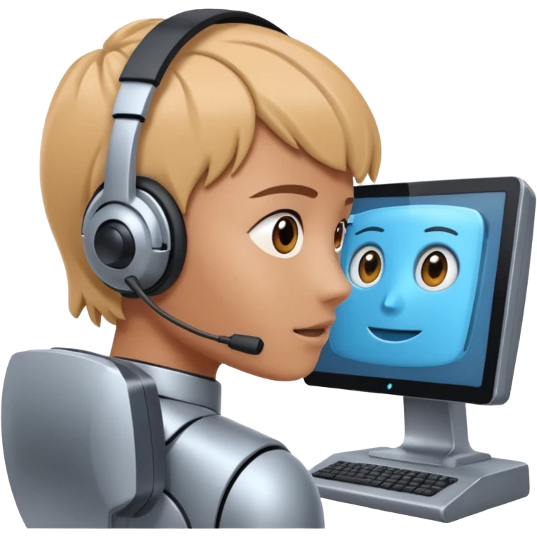 human is using some complicated system, in front of the monitor, asking someting to the monitor by natural language the monitor, ai robot answering in his own language emoji