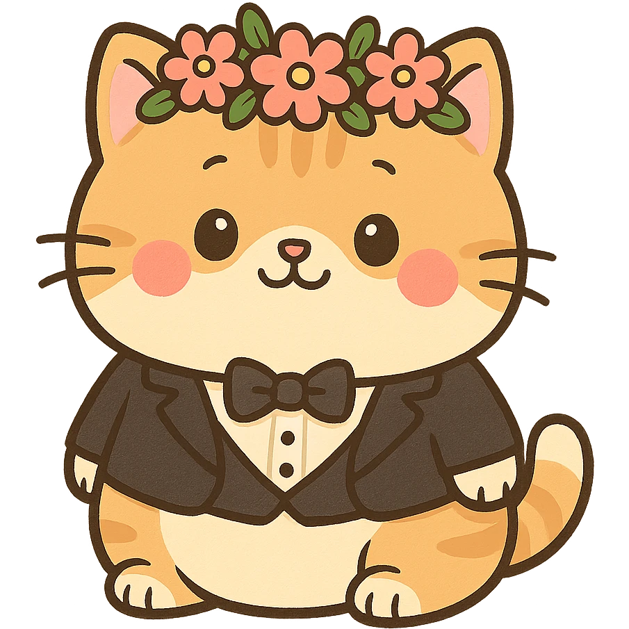 A chubby kitten wearing a tiny tuxedo and a flower crown, in a cute cartoon style emoji