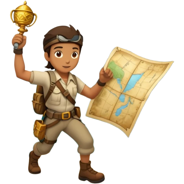An icon featuring an adventurer in a dynamic action pose with treasure map, ancient ruins and jungle landscapes in the background. The design includes clues, hidden passages and climbing gear, symbolizing the thrill of exploration and discovery. Transparent background. emoji