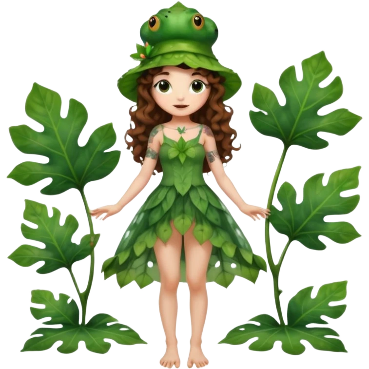 full body woman long curly brown hair brown eyes white skin tattoos wearing cute frog hat and sheer leaf dress, barefoot, flirty forest fairy pose emoji