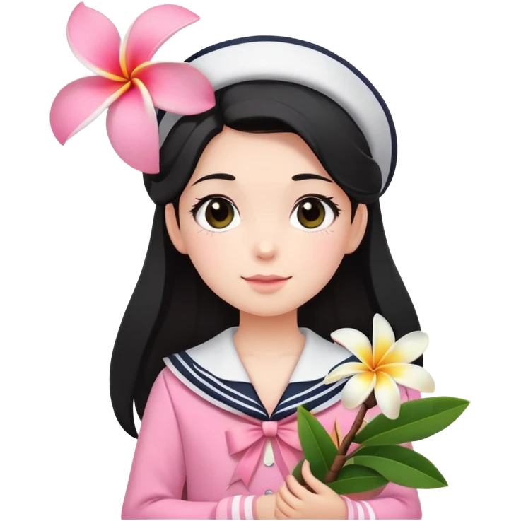  A girl with a black half-up half-down hairstyle, and a Pink sailor suit, enjoying the spring breeze.Holding a bundle of frangipani emoji
