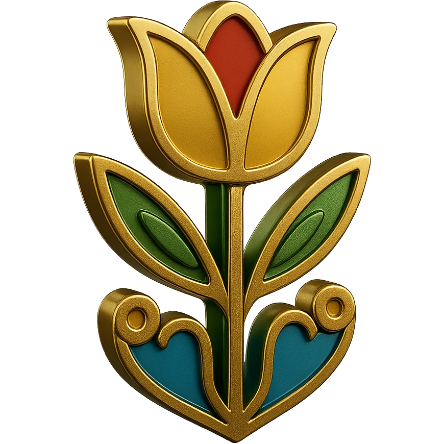 Change the motif outline and line art to gold instead of black. The crow should have a gold outline. The tulip motif should be large and in bright folk colors. The style should match the heart reference, simple Scandinavian folk art style with gold outlines and bright folk colors. Transparent background. emoji