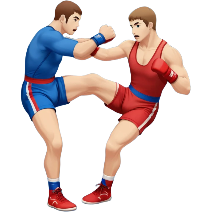 Two Sambo fighters in blue and red gis with shorts and wrestling shoes, executing gripping and throwing techniques. The fighters are engaged in a dynamic, action-packed moment with no strikes. The background features a wrestling mat, focusing on the technique and control. Transparent background  emoji