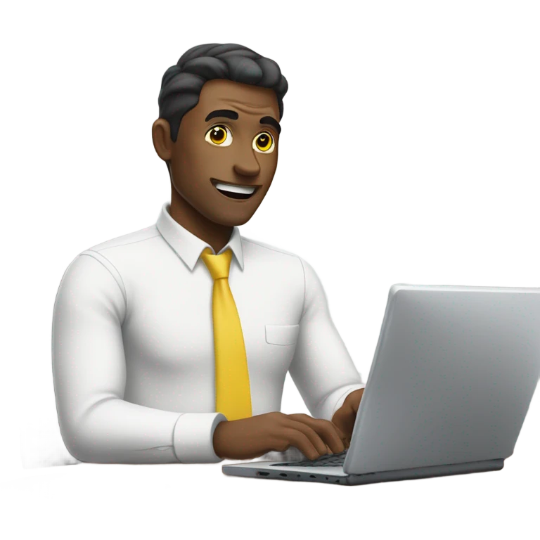 yellow skin man using white keyboard on desk wearing white button down shirt front view emoji