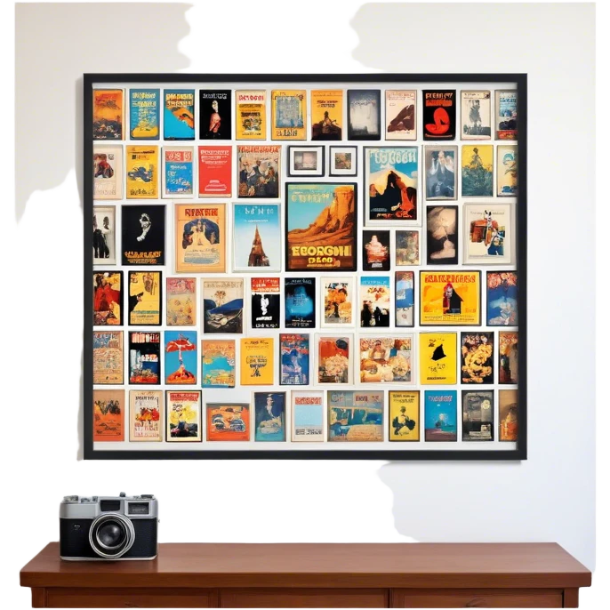 Icon for Photograph and Poster Collecting: a collection of photographs and movie posters, neatly displayed on a wall or in frames. The icon should evoke the nostalgia and artistic value of collecting rare images and posters. Transparent background. emoji