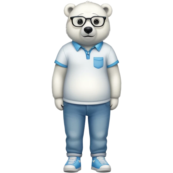 friendly anthropomorphised polar bear standing upright, looking relaxed, wearing a shirt, jeans, trainers, extravagant glasses emoji