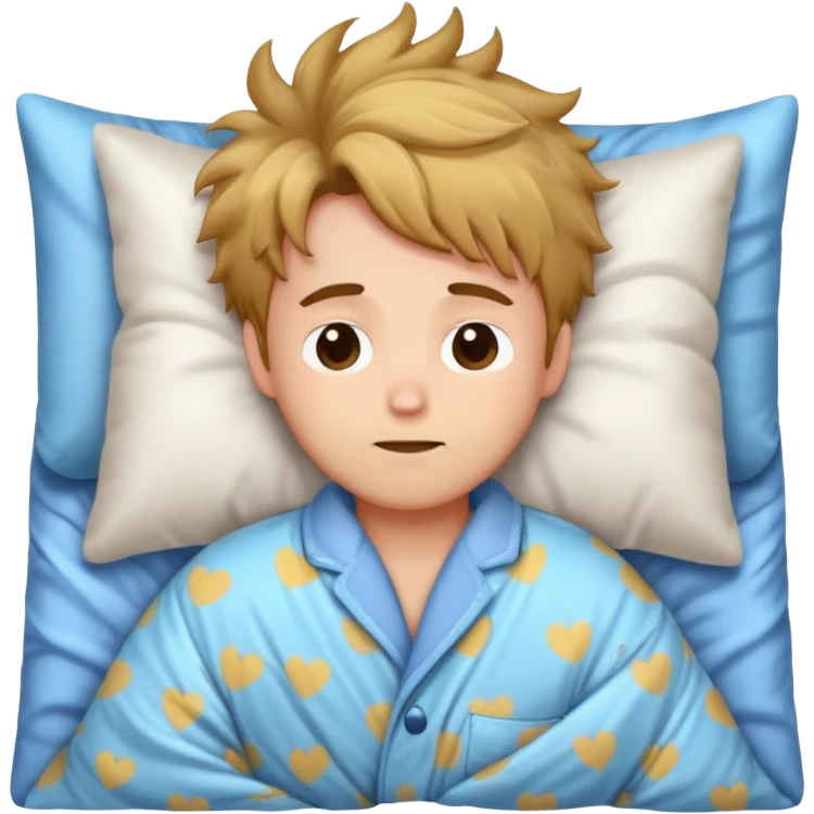 Adorable sleepy boyfriend with messy bed hair, pajama shirt slightly open, cuddling a pillow, cozy blanket, soft lighting, emoji style emoji