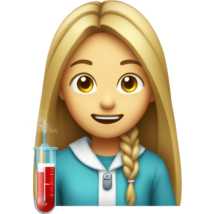 smiling girl with long hair with a thermometer in her mouth and looking sick emoji