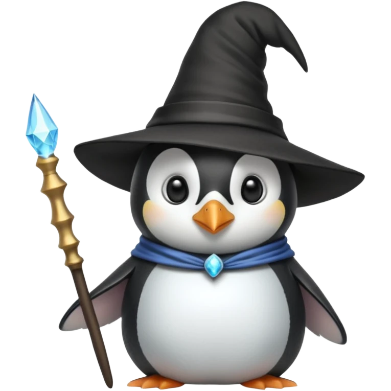 A penguin wizard with a pointy hat and a magic wand emoji