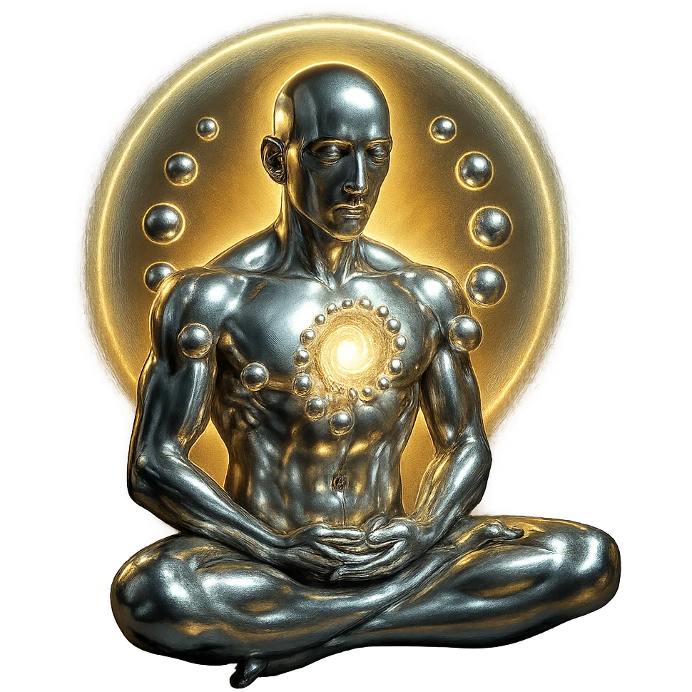 Add a glowing aura around the abstract chrome meditating figure with open chest and radiant spiral of spheres, keep the style polished and harmonious, no background. emoji