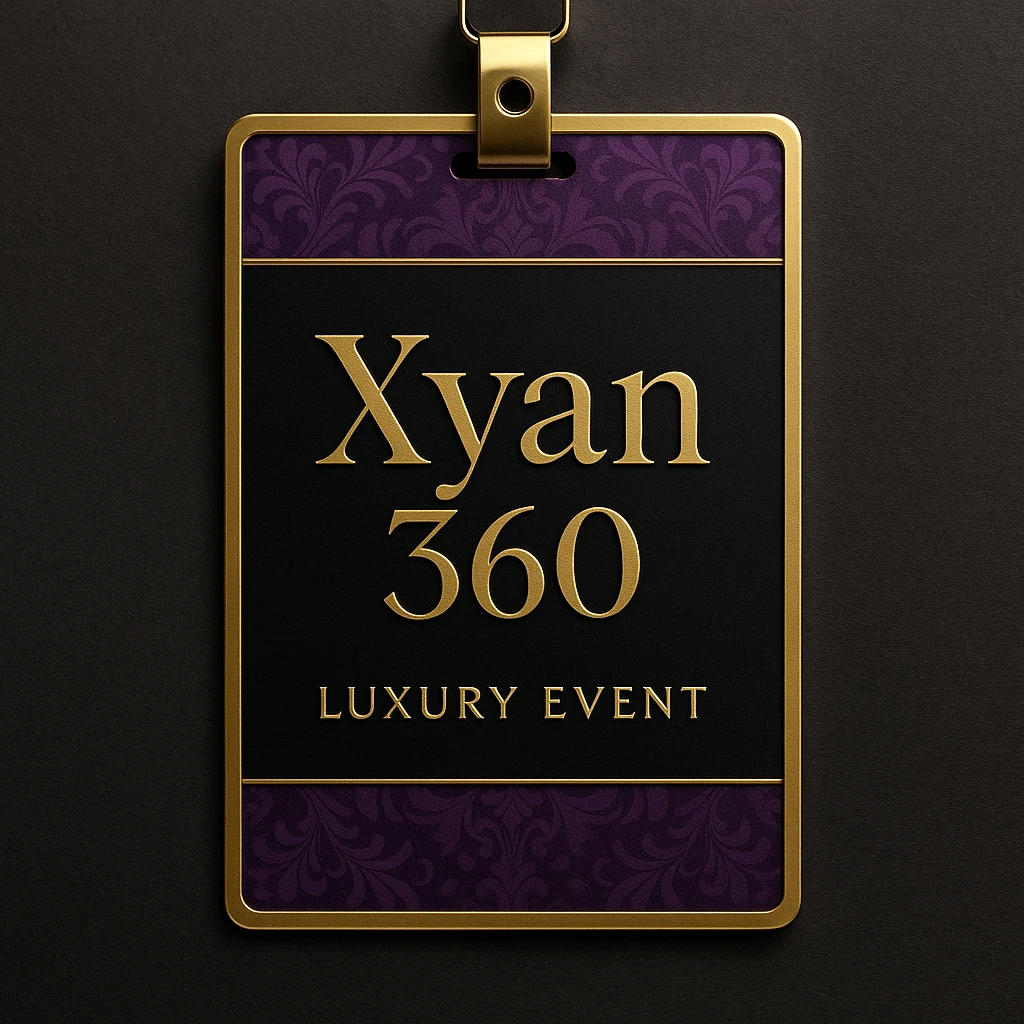 luxury event badge with the name 'Xyan 360' in gold lettering, purple and black background, elegant and upscale style emoji