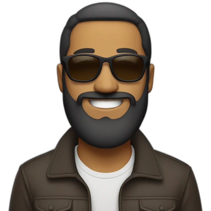 a brown man with a long beard, wearing shades, jacket and a smile on his face. full body image emoji