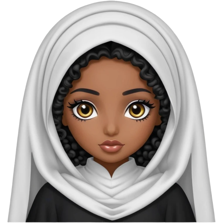 Saudi beauty, pretty bratz baddie, black eyeliner, veil, abaya, curly long hair emoji