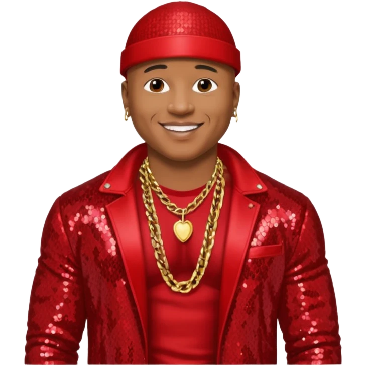 LL Cool J with red sequin jacket, shirtless with necklace emoji