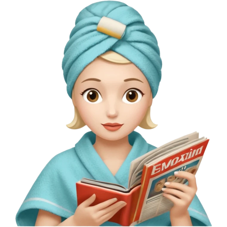 mujer en la peluquería con toalla en la cabeza y leyendo una revista, estilo vintage emoji