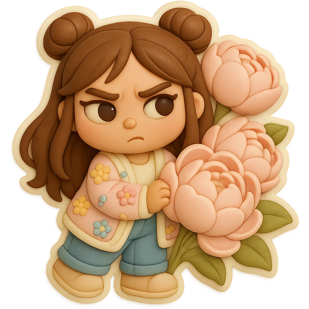 3D chibi fondant cake art style, high-quality rendering with smooth shadows and soft gradients. Girl based on reference image preserving facial features and eye shape exactly as in the reference. Long brown hair in two space buns, brown eyes, jeans, pastel floral cardigan, shoes. Thick white outline like a sticker, transparent background. Peeking out from a bouquet of soft pink peonies. Ensure the face, hairstyle, eye shape, and shoes match the reference exactly. emoji