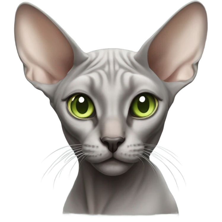 Gray sphinx cat with a black nose and light green eyes emoji