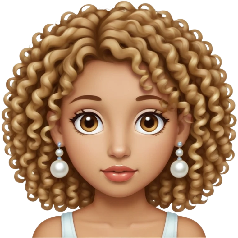 chica con el pelo muy muy rizado, de color castaño con mechas rubias. Nariz pequeña y redonda y labios gruesos. La cara de una forma redonda. Pendientes de perla con un segundo percing en la oreja.  emoji