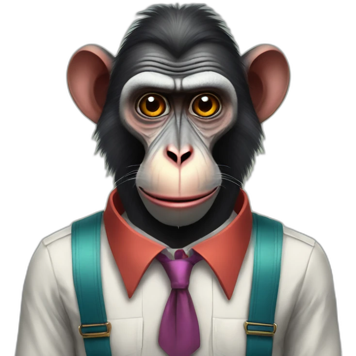 Funny Portrait of a Mandrill with a human-like face wears a shirt and Suspenders in the shirt papillon like a clown emoji