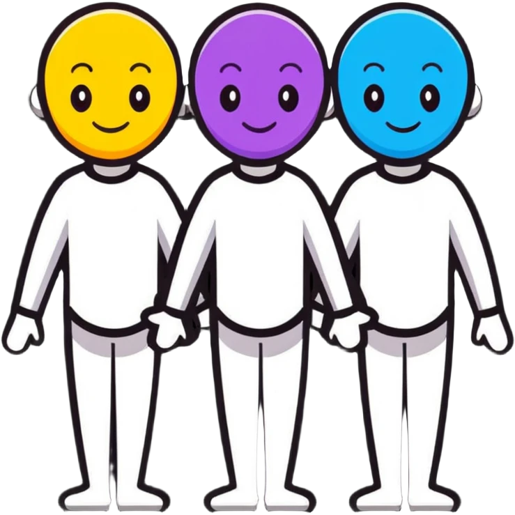 Three smiling characters standing together with complementary personality traits symbolized by different colored auras that blend harmoniously emoji