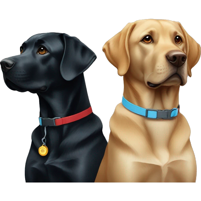 black-coloured labrador on the left with red collar, black-coloured labrador on the right with light blue collar. emoji