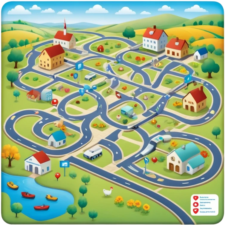 journey on a game board about Type 1 diabetes and aging with footpaths in a countryside, no roads (hospital, places to live, advocacy, physical changes, to share knowledge and ways of coping, energetic with text: T1D to 100 and subtext Aging with Type 1 diabetes, easy for seniors to see emoji