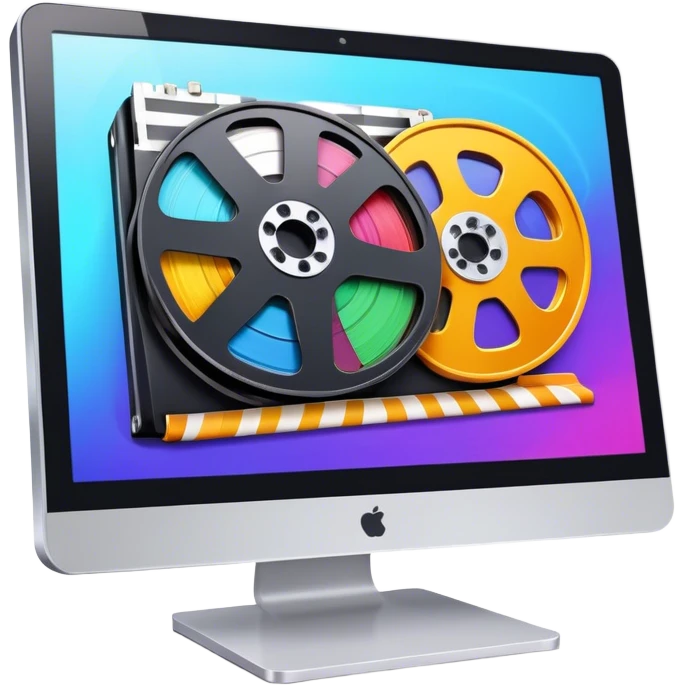 a vibrant and modern icon representing Animation and Motion Design, featuring elements like a film reel, a computer screen displaying animation, dynamic motion lines, and a cinematographic film strip on an editing table. colorful, and dynamic, without any emojis. The background  transparent. emoji