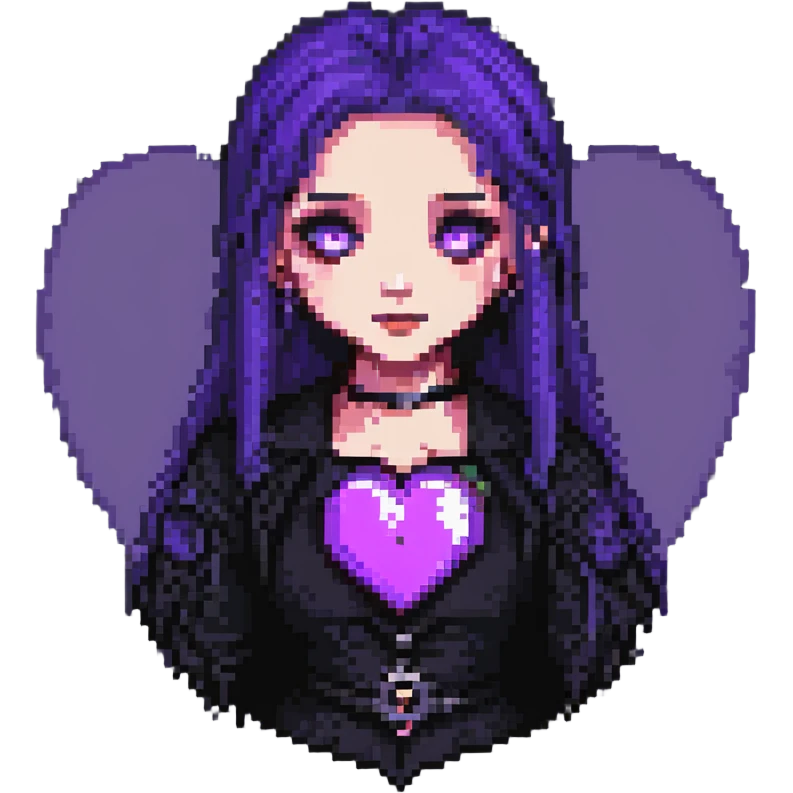 a heart with a goth girl inside, pixel art style, purple and black colors, dark atmosphere emoji