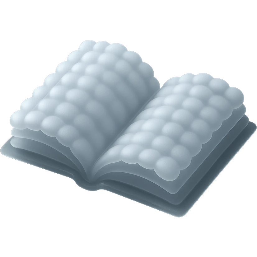 thick open book made entirely of small, very bright white fluffy convex clouds, matte glass style emoji