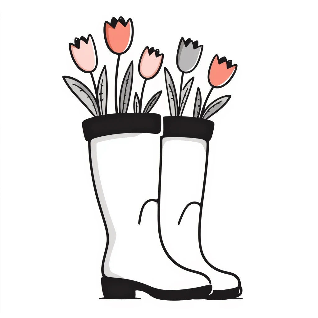 Rubber rain boots/wellington boots with tulip flowers sticking out from the top, in pastel colors (dd9fb0, ffc6d3, a3bfc9, c4bee2, f1b091), hand-drawn doodle style emoji