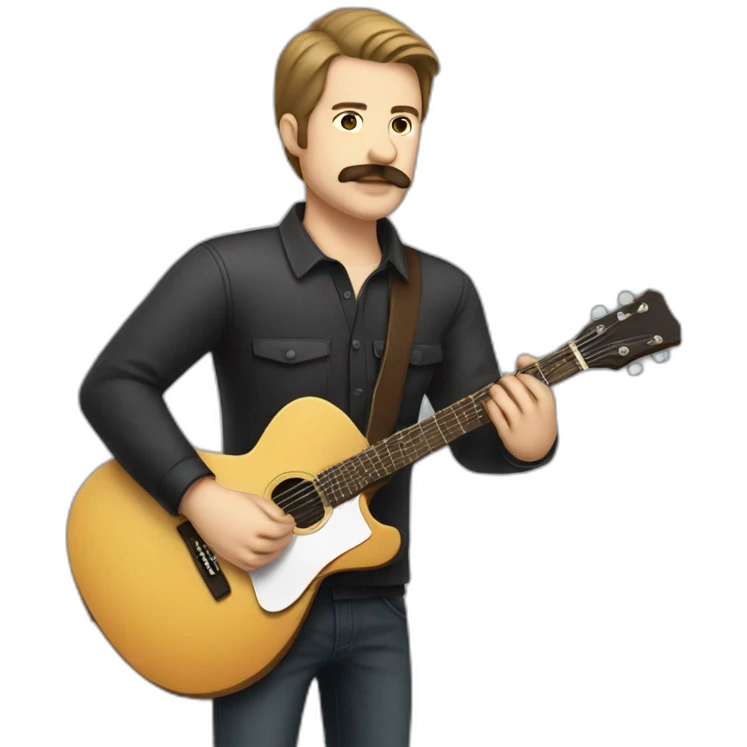 white man with combed back short brown hair and mustach playing a guitar chubby emoji