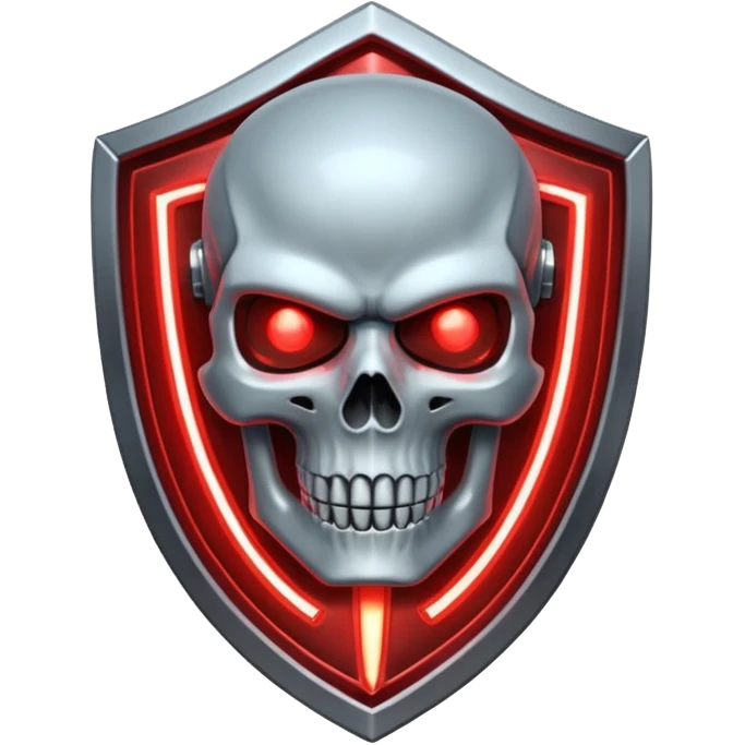 Sci-fi shield badge, terminator style skull, glowing red eyes, crossed futuristic light sable and energy sword, no background emoji