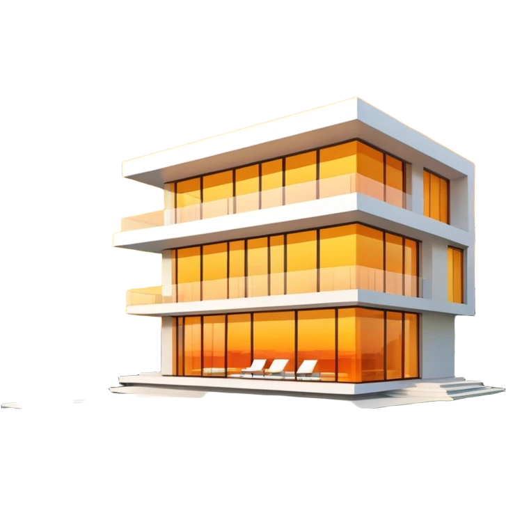 ultra-modern villa, sleek architecture, large windows reflecting a yellow and orange sunset emoji