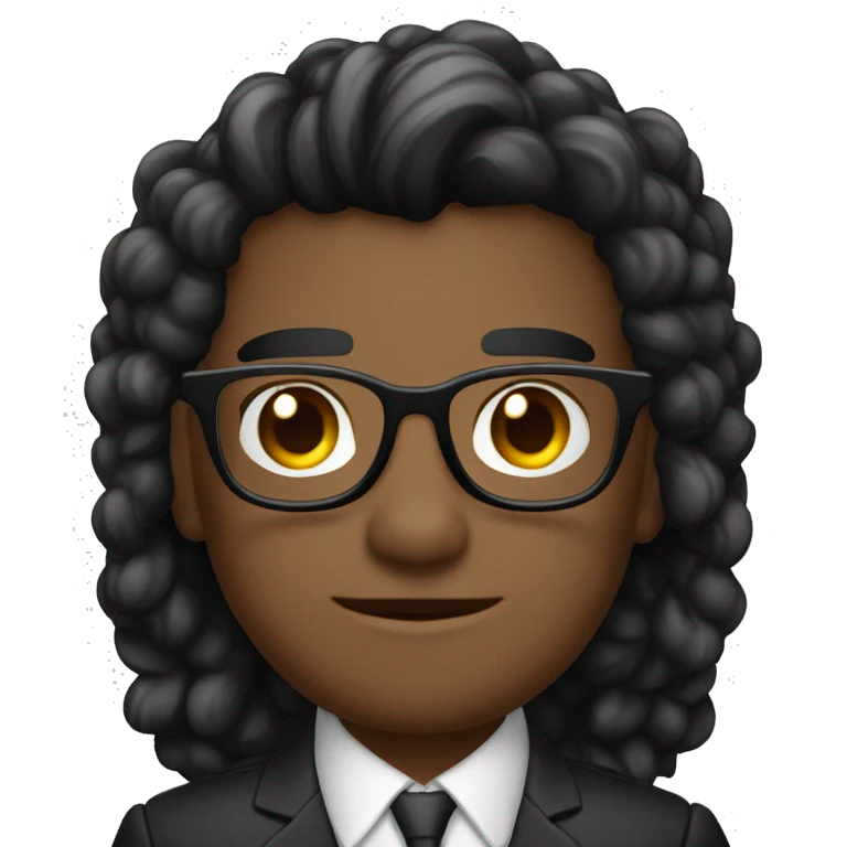 Hombre joven maestro de cabello negro risado con lentes y traje emoji