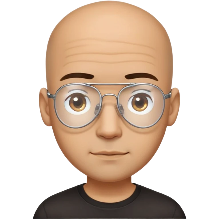 Latino man with small oval face and big forehead, clear lens aviator-style eyeglasses with metal frames, completely bald/shaved sides with very short curly dark hair only on top of head, neutral-friendly expression, light brown skin, wearing a black t-shirt emoji