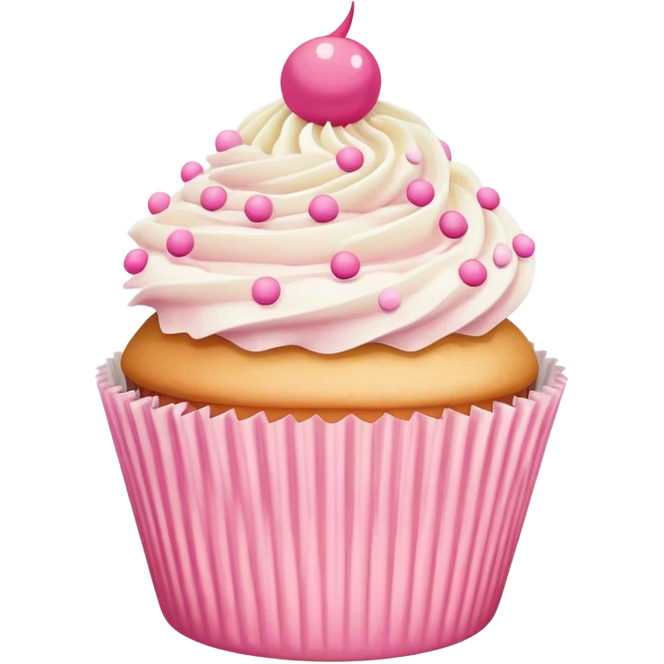 Butter creme frosted cupcake with pink polka dot cup liner emoji