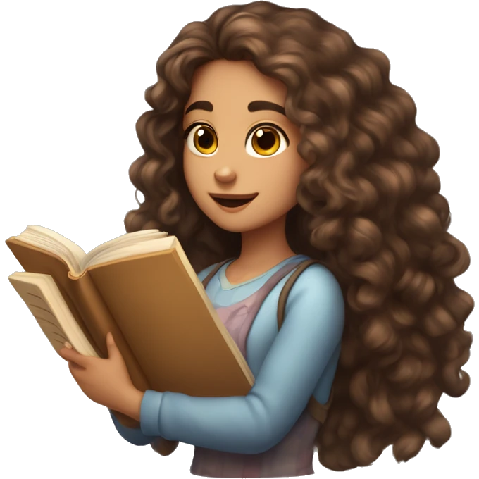 girl with long curly brown hair, fair skin, two moles on her right cheek, brown eyes, holds a book in her hands and reads emoji