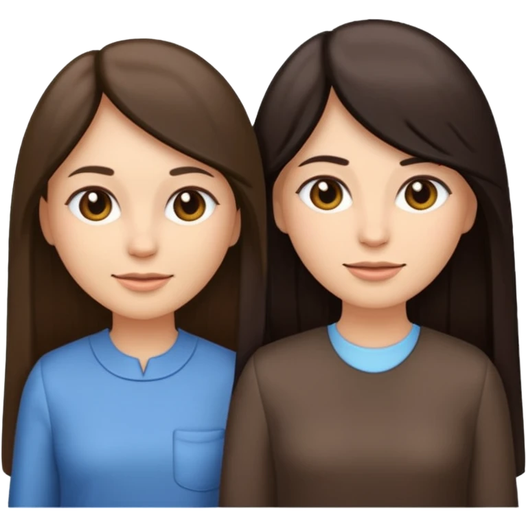 generate me emojis of sisters, one should look older, the other younger. the older one has dark brown hair, long, straight, the younger one is slightly lighter, also straight, long. clothes are any in principle, the main thing is that they more or less look like each other emoji