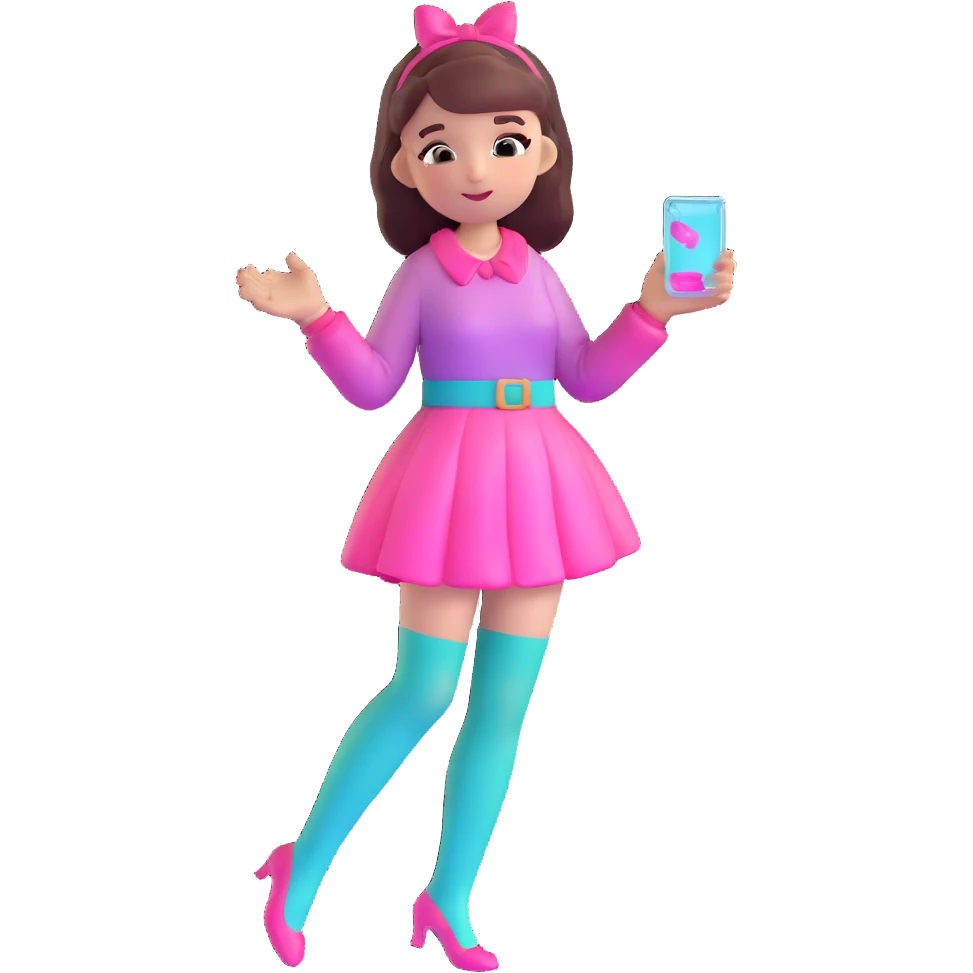 Cute girl character in stockings adjusting fashion accessory, pink gradient from bright pink to light pink, transparent glass style with highlights emoji
